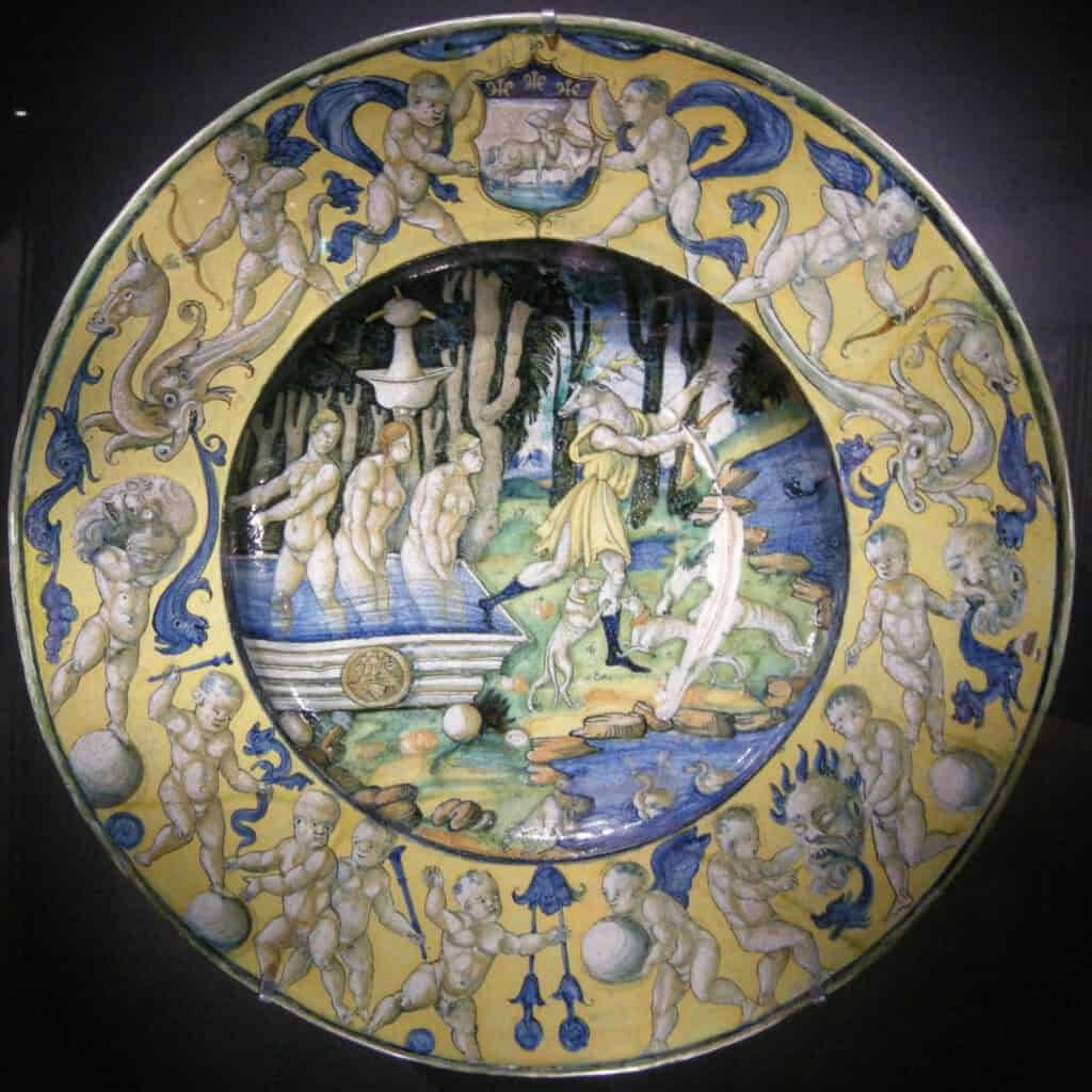 ngv, maiolica di deruta, piatto con diana e atteone, 1525