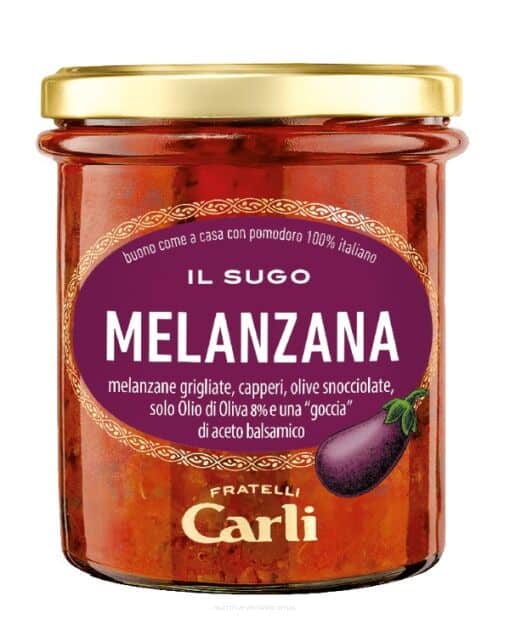 Sugo alle Melanzane – Prémium olasz padlizsános-paradicsomos tésztaszósz olajbogyóval és modenai balzsamecettel, 270 g – Fratelli Carli