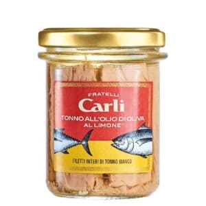 Filetti di Tonno Bianco al Limone in Olio di Oliva – Fehér tonhalfilé citromos olívaolajban, 190 g – Fratelli Carli