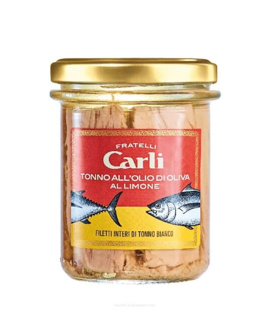 Filetti di Tonno Bianco al Limone in Olio di Oliva – Fehér tonhalfilé citromos olívaolajban, 190 g – Fratelli Carli