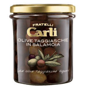 Olive Taggiasche in Salamoia – Prémium liguriai Taggiasca olajbogyó sós lében fűszernövényekkel, 170 g – Fratelli Carli