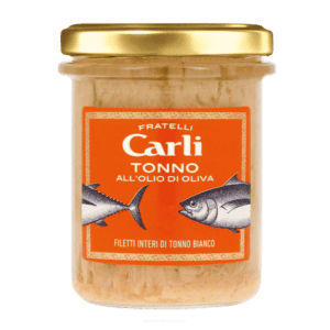 Filetti di Tonno Bianco in Olio di Oliva – Fehér tonhalfilé olívaolajban, 190 g – Fratelli Carli