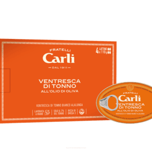Ventresca di Tonno Bianco in Olio di Oliva – Prémium fehér tonhal hasaalja (ventresca) olívaolajban dobozos, 110 g – Fratelli Carli