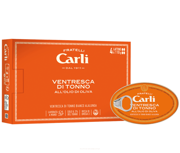 Ventresca di Tonno Bianco in Olio di Oliva – Prémium fehér tonhal hasaalja (ventresca) olívaolajban dobozos, 110 g – Fratelli Carli