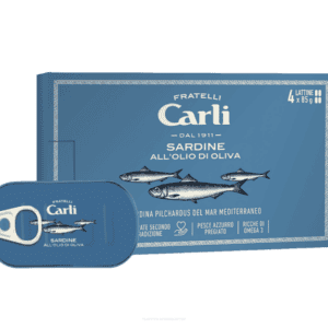 Sardine in Olio di Oliva – Prémium mediterrán szardínia tiszta olívaolajban dobozos, 85 g – Fratelli Carli