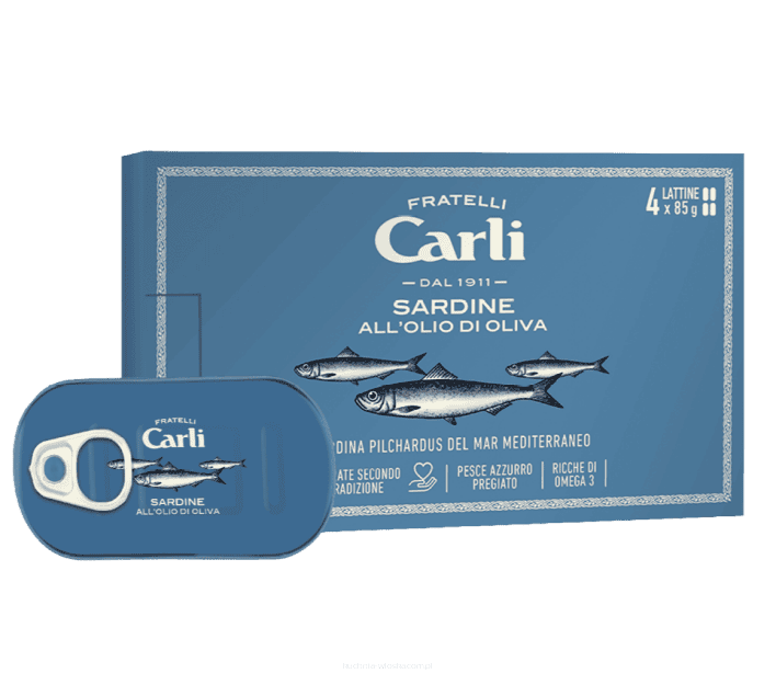 Sardine in Olio di Oliva – Prémium mediterrán szardínia tiszta olívaolajban dobozos, 85 g – Fratelli Carli