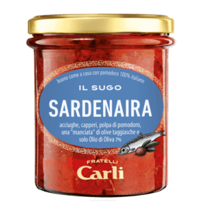 Sugo alla Sardenaira – Tradicionális liguriai paradicsomszósz Taggiasca olajbogyóval, kapribogyóval és szardellával, 270 g – Fratelli Carli